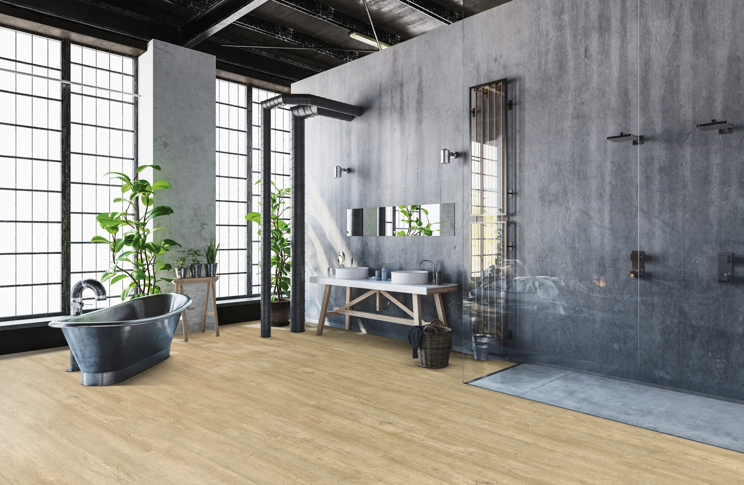 Modern industrial loft conversion into a hipster minimalist bathroom with vintage style metal roll-top bathtub and fresh green potted plants in front of bright windows, 3d rendering